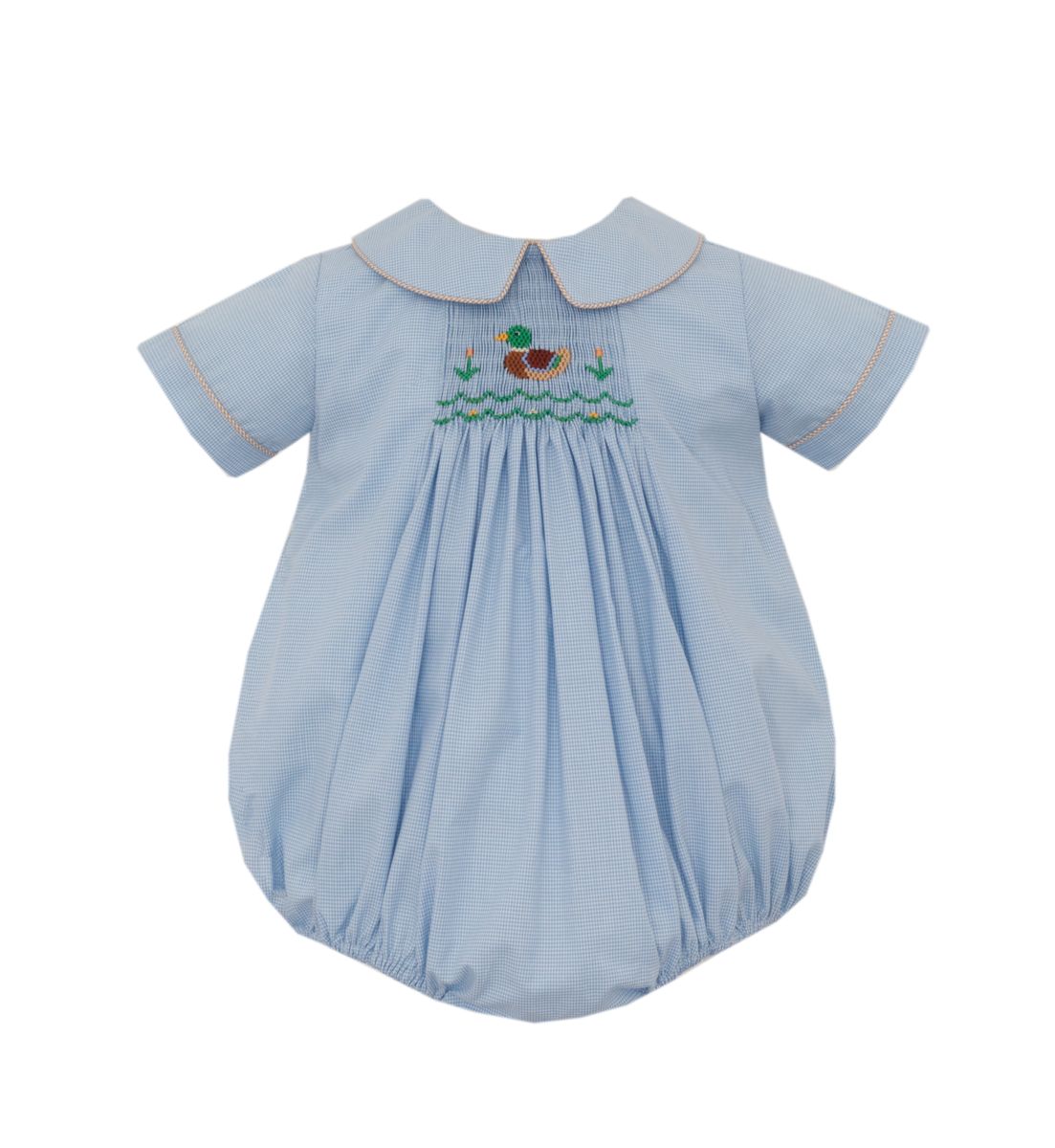 Light blue baby romper with duck smocked embroidery on a white background