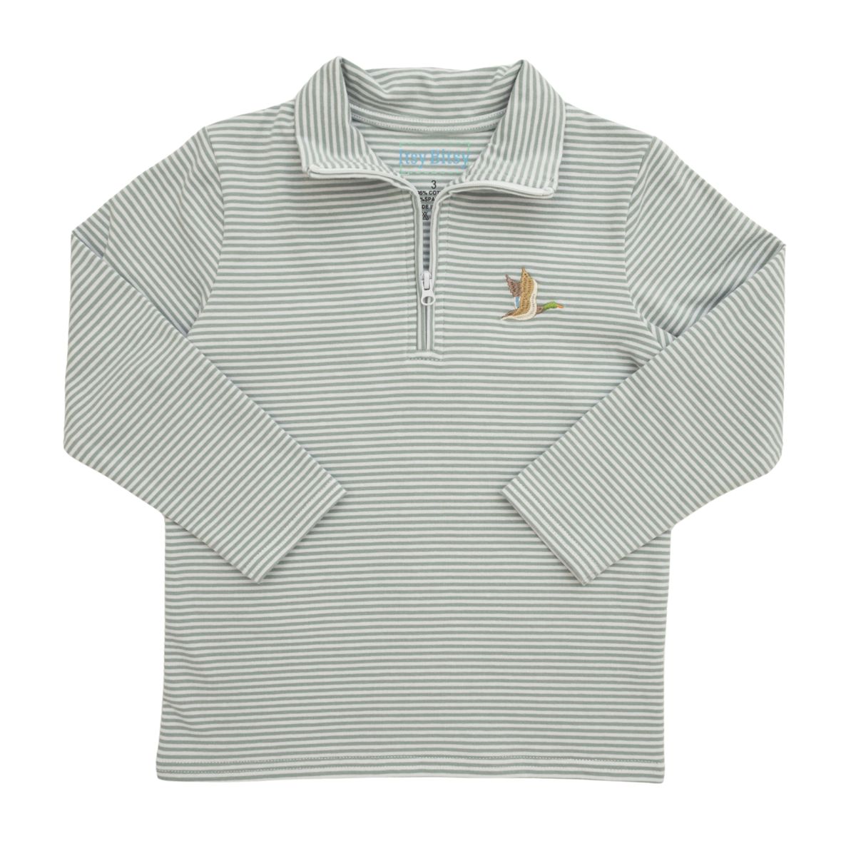 A long-sleeve quarter-zip pullover top with fine horizontal stripes in sage green and white, featuring a duck on the chest 