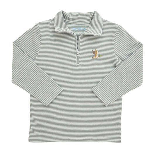 A long-sleeve quarter-zip pullover top with fine horizontal stripes in sage green and white, featuring a duck on the chest 