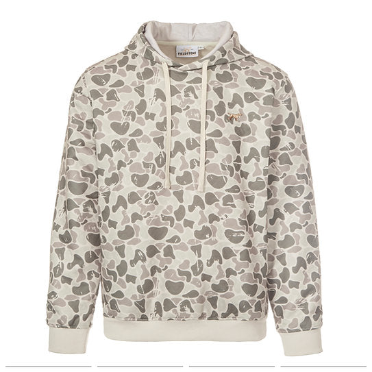 A hooded sweatshirt with an all-over abstract camouflage pattern in beige, gray, and off-white, featuring a kangaroo pocket and ribbed cuffs and hem.
