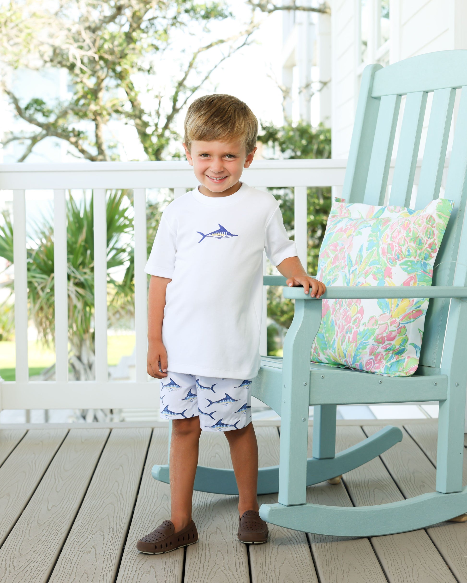 Blue marlin short set with white top with marlin and white shorts with marlin print 