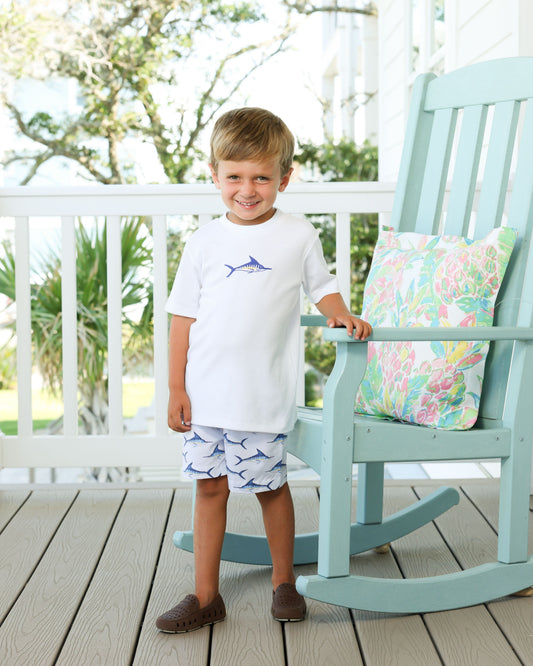 Blue marlin short set with white top with marlin and white shorts with marlin print 