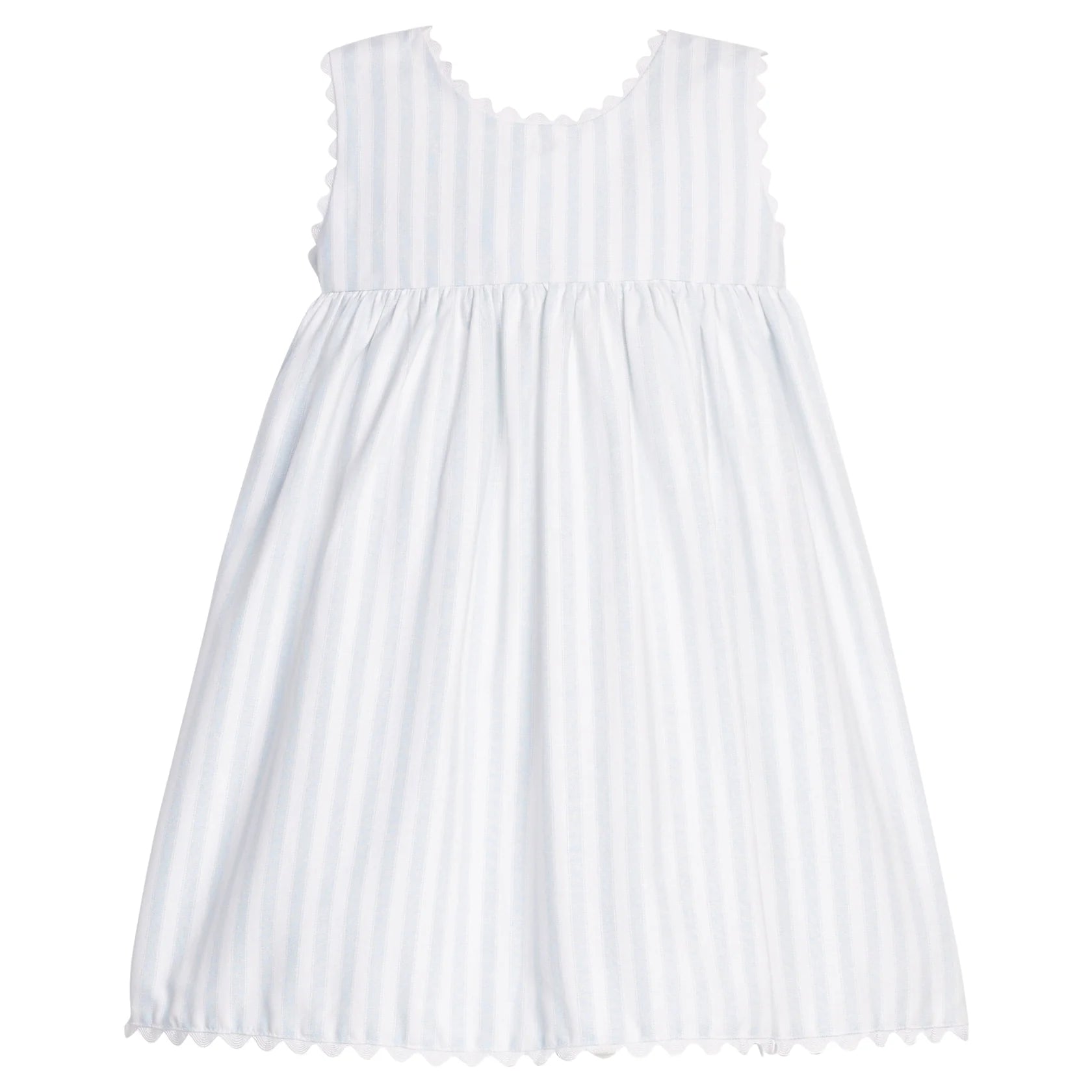 Blue and White striped dress with thin straps on a white background