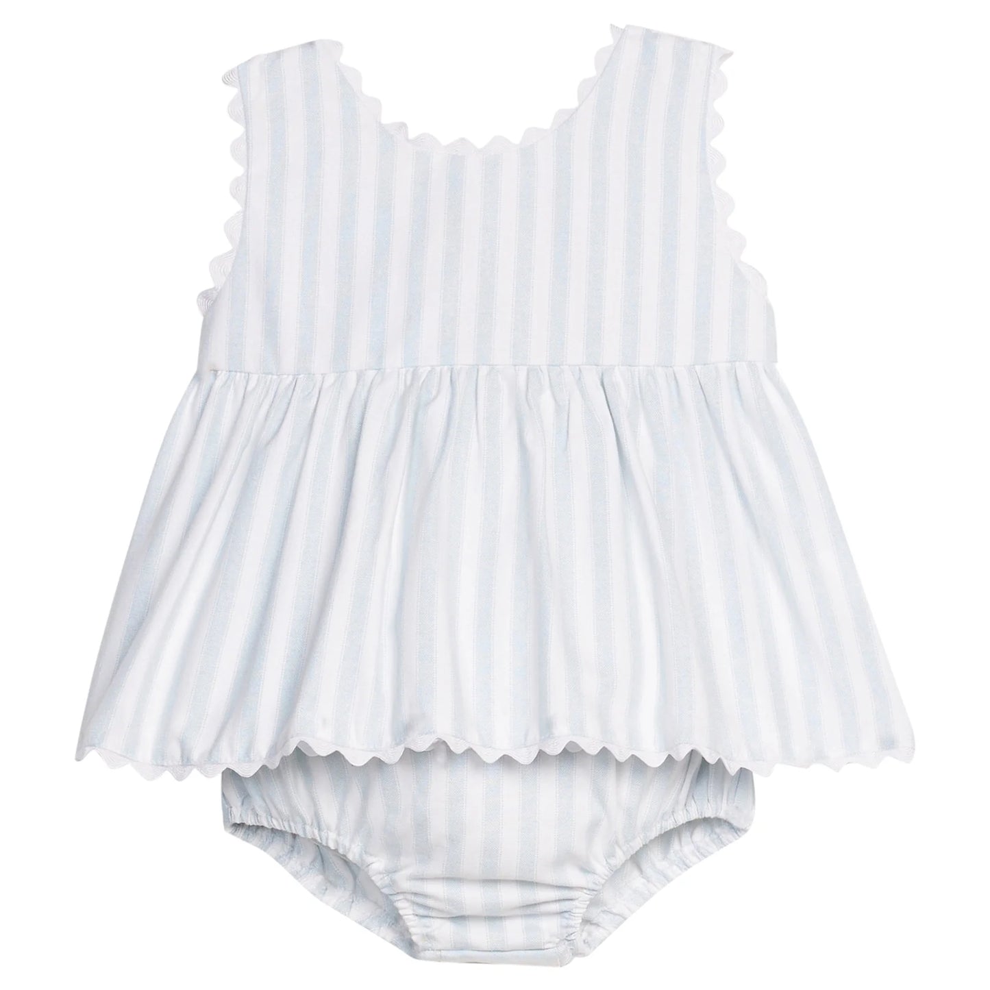 Blue and White striped baby diaper set with ruffled top and bloomers on a white background
