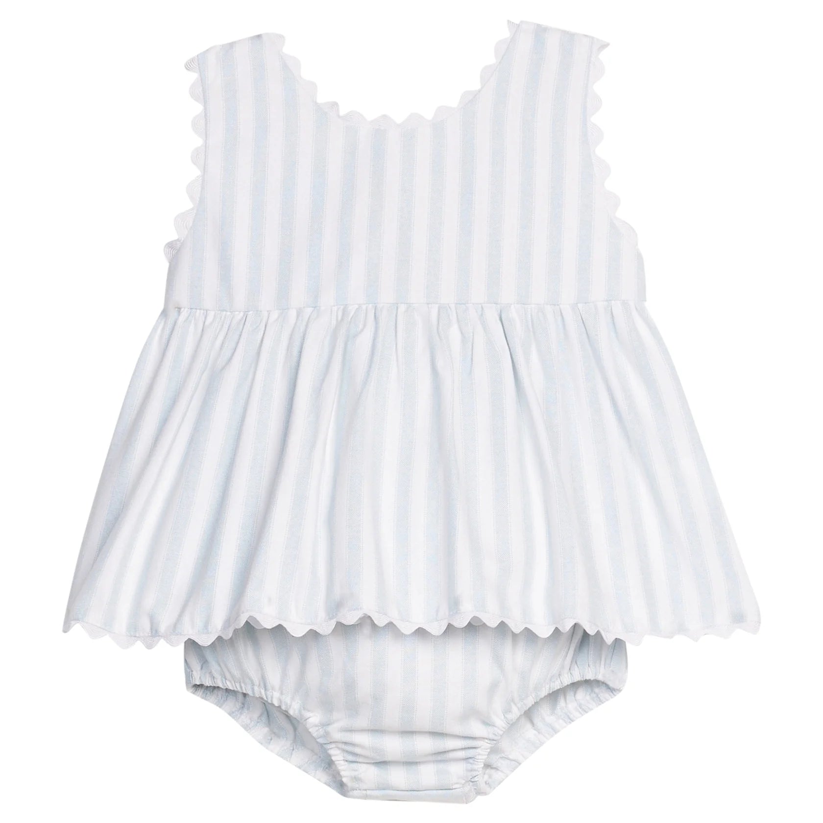 Blue and White striped baby diaper set with ruffled top and bloomers on a white background