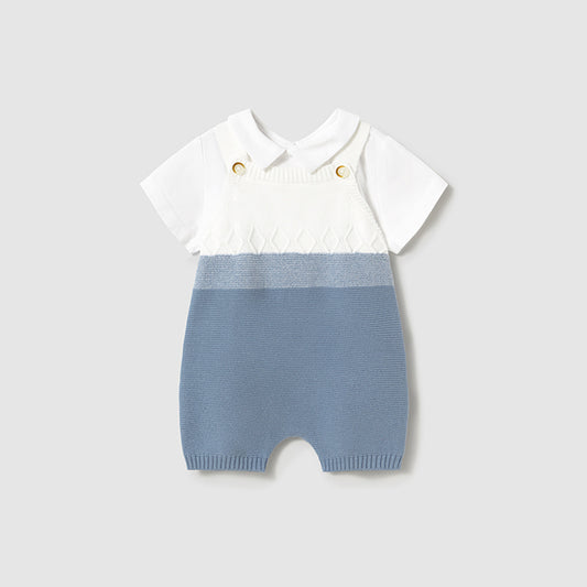 Blue knit short set with collared shirt
