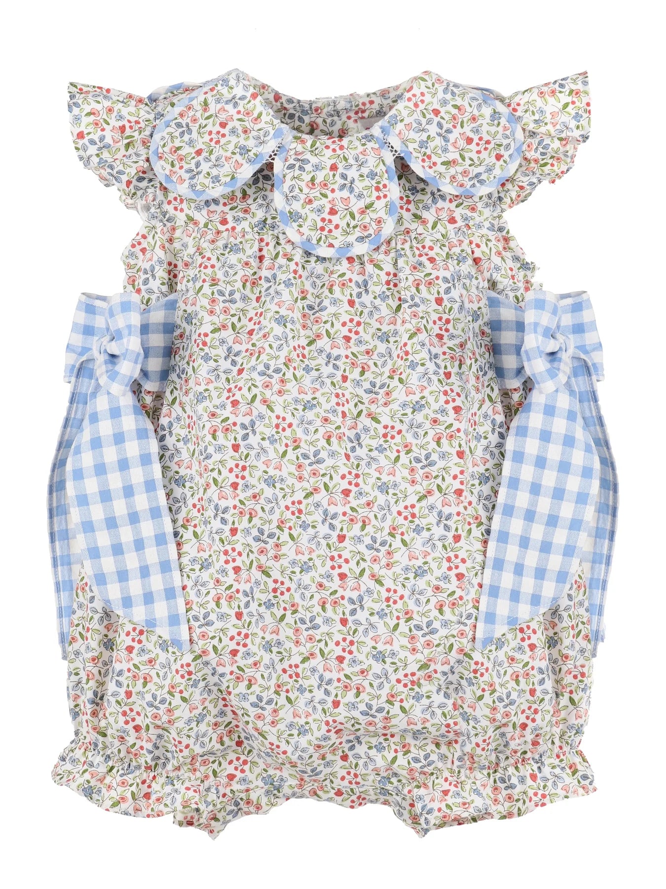 Floral baby romper with ruffled sleeves and blue checkered ties on the side