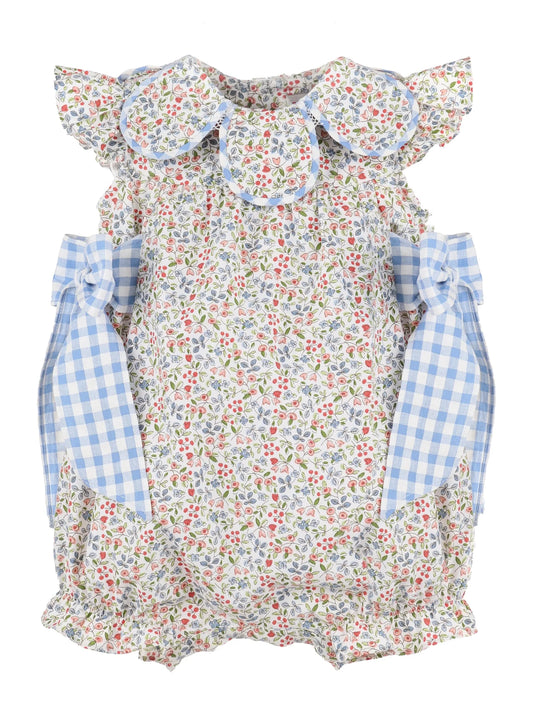Floral baby romper with ruffled sleeves and blue checkered ties on the side