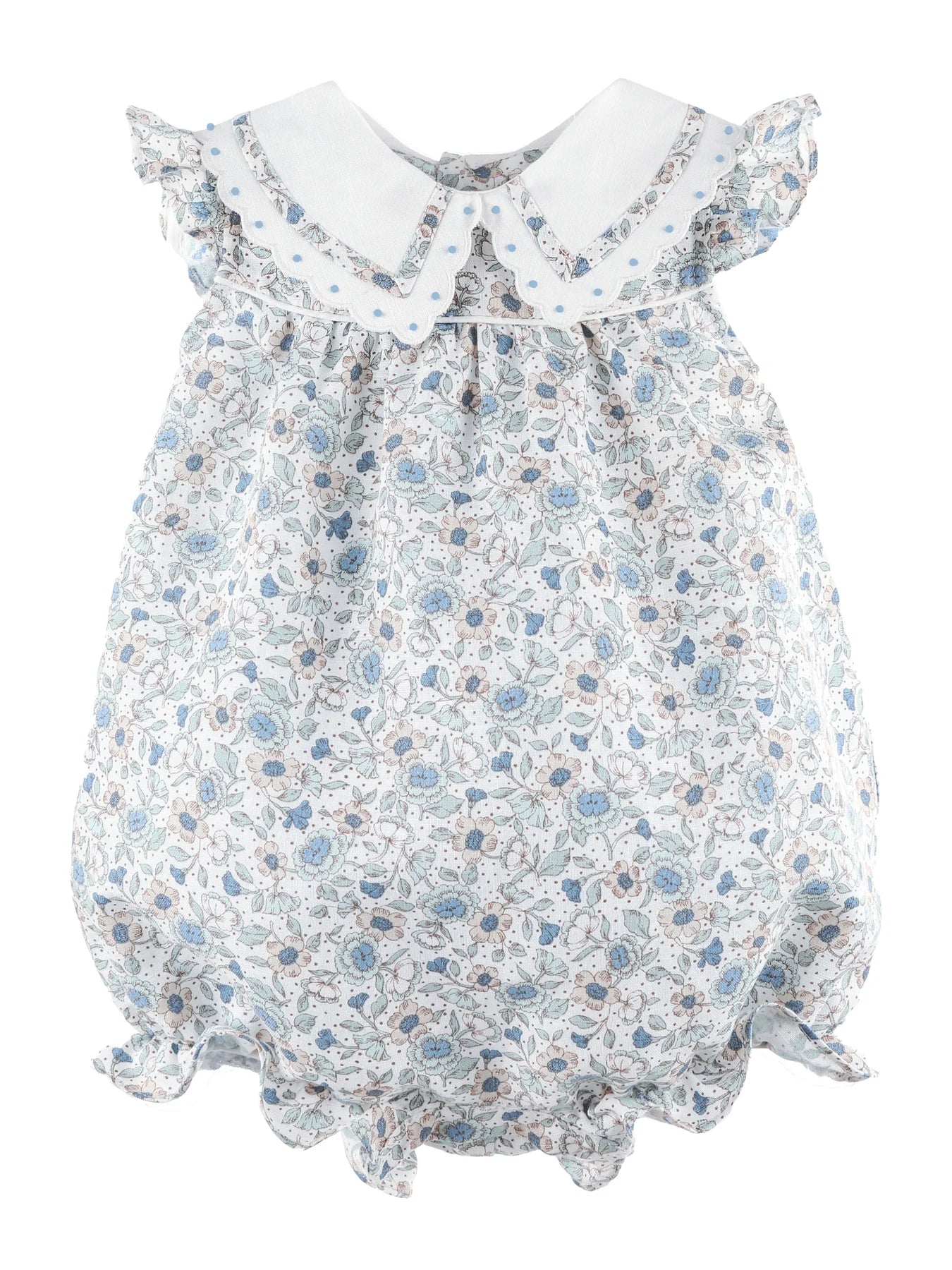 Floral baby romper with white collar on a white background