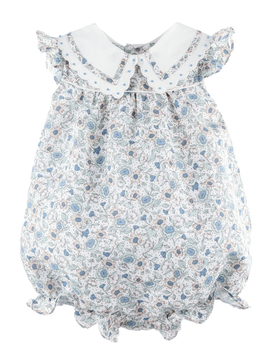 Floral baby romper with white collar on a white background
