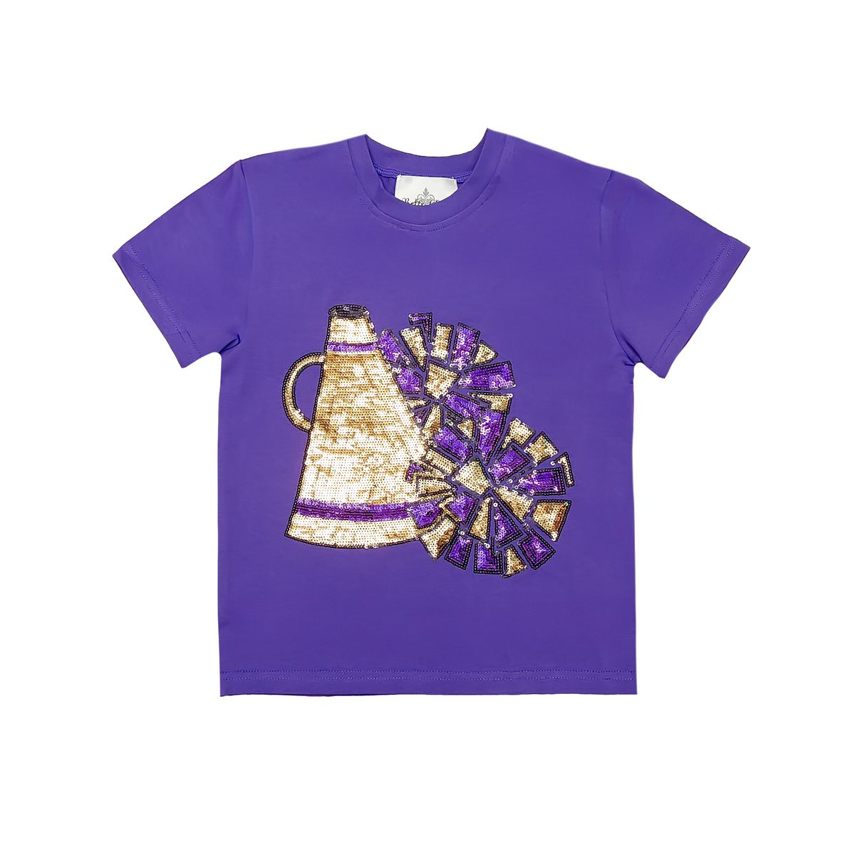 A purple short-sleeve t-shirt featuring a sequined cheerleader graphic on the front with a gold megaphone and a purple-and-gold pom-pom.
