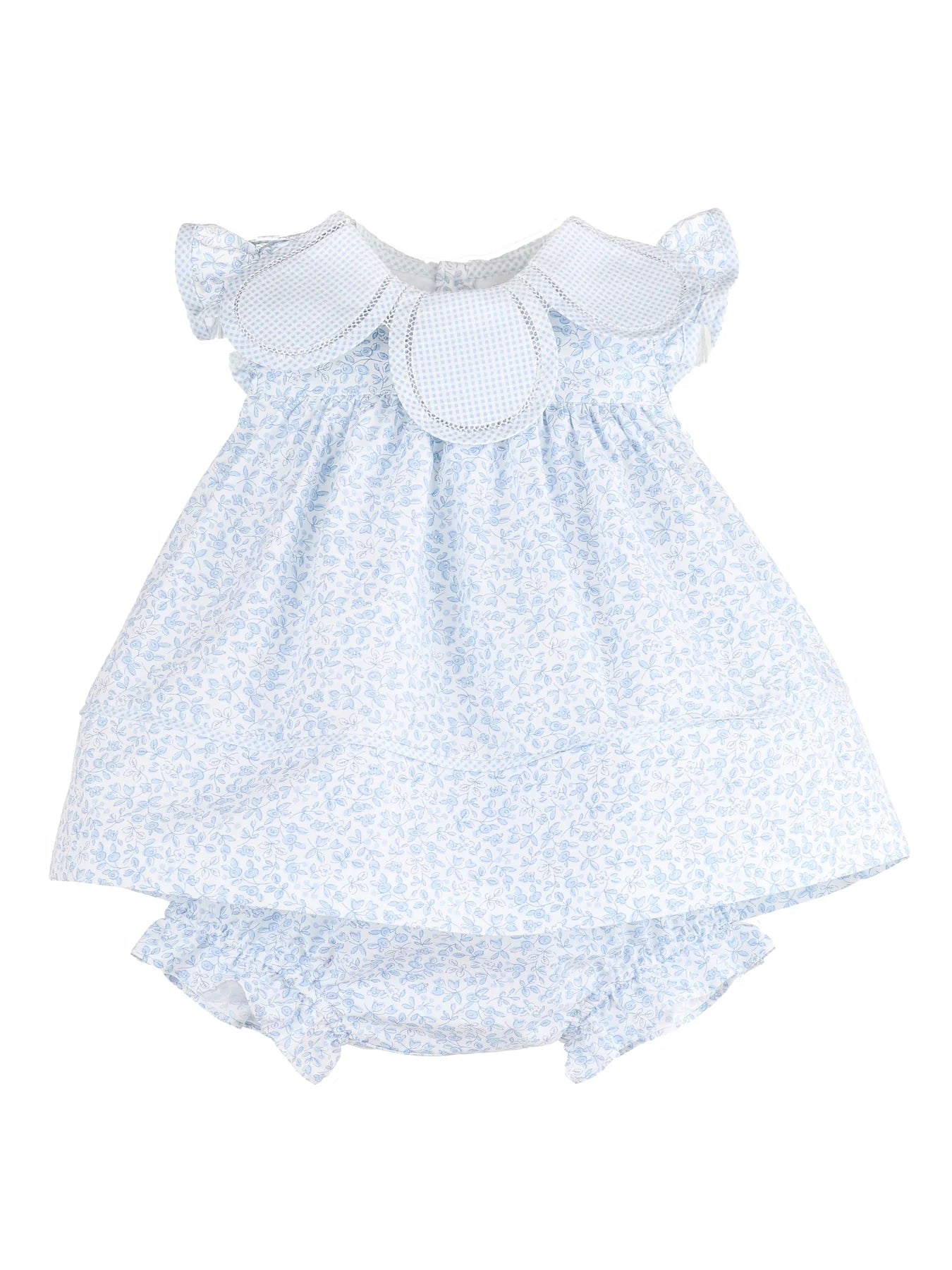 Baby dress with blue floral pattern with scalloped collar 