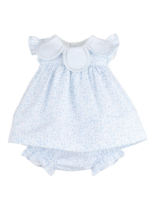 Baby dress with blue floral pattern with scalloped collar 
