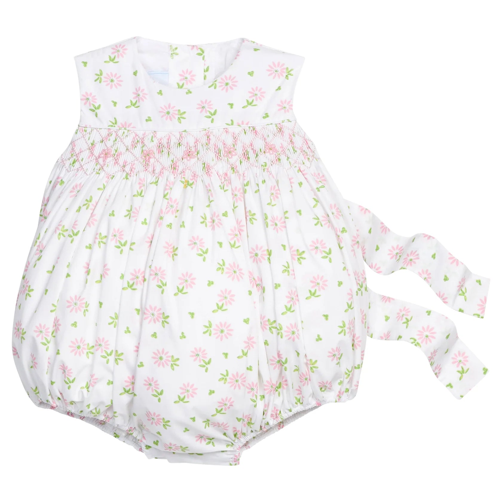 Baby romper with green and pink floral pattern on a white background