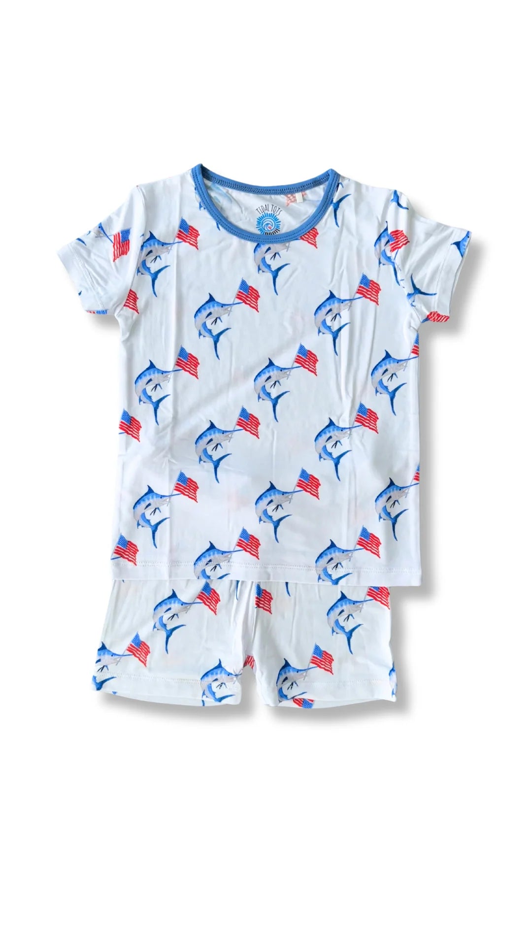 Two piece bamboo pajama short with fish and america flags 