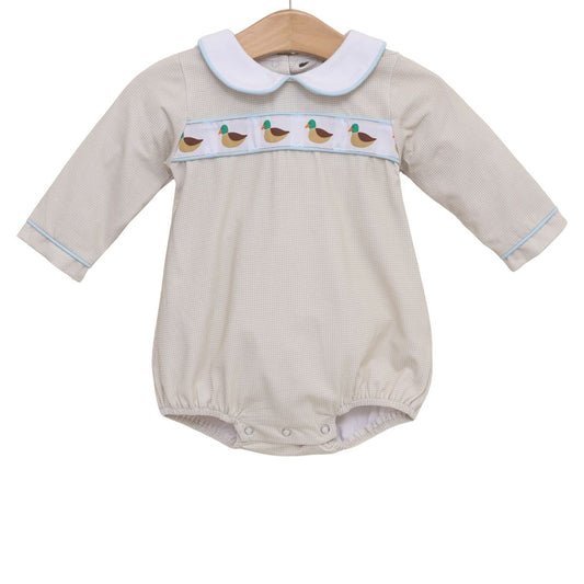 Beige baby romper with white collar and duck design 