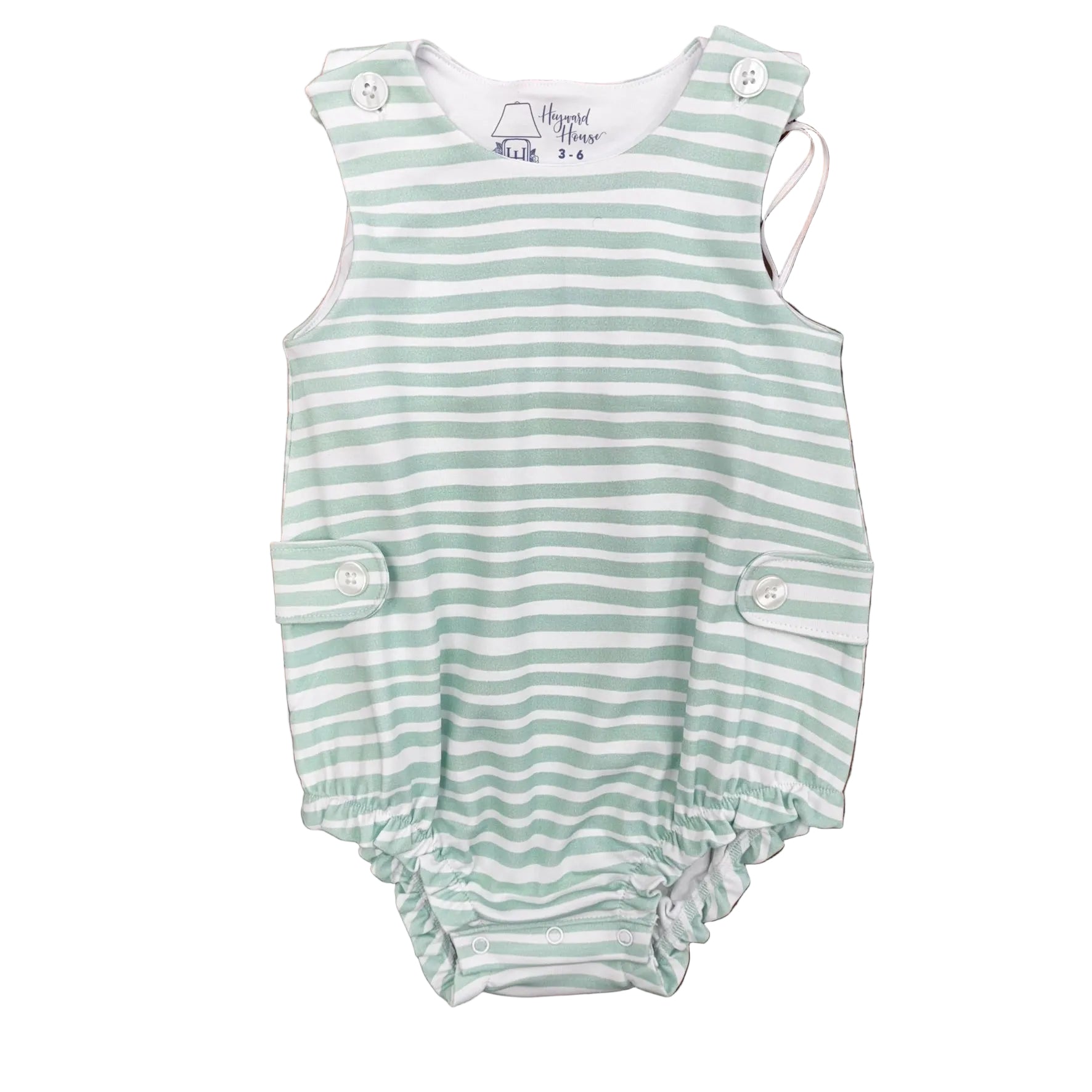 Sleeveless bubble with mint green stripes and buttoned tabs.
