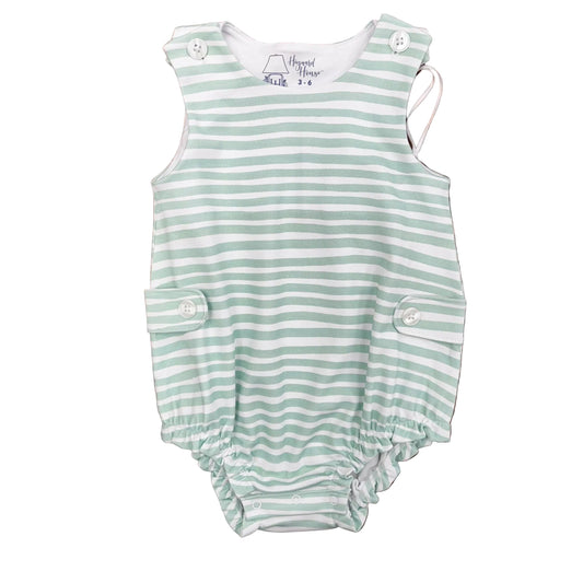 Sleeveless bubble with mint green stripes and buttoned tabs.