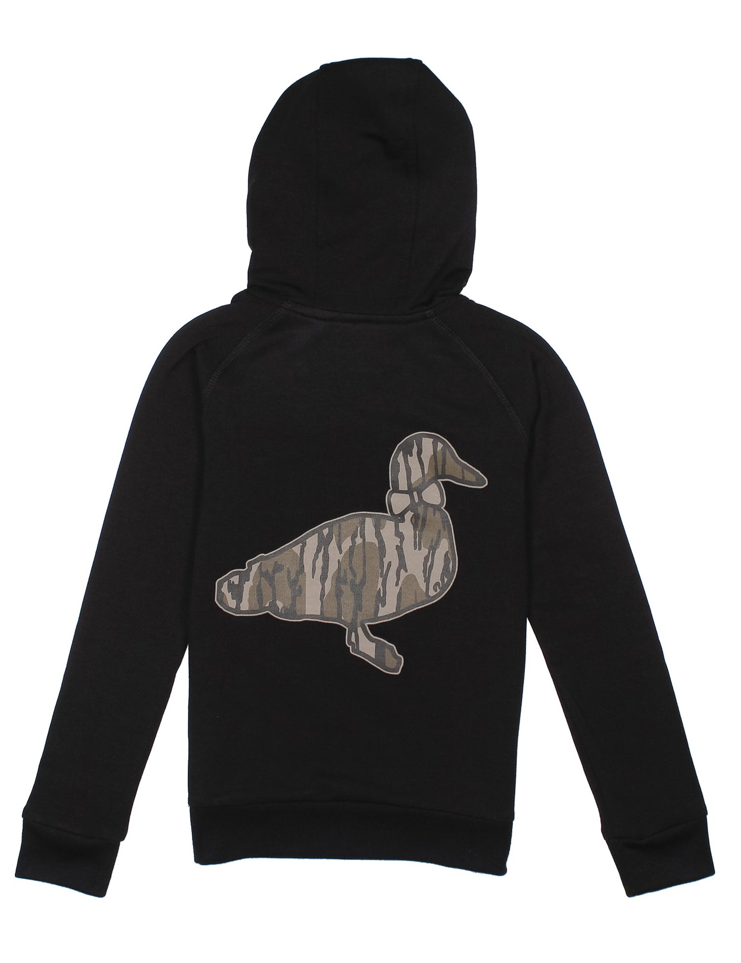 Black hoodie with a camouflage duck design on the back against a white background