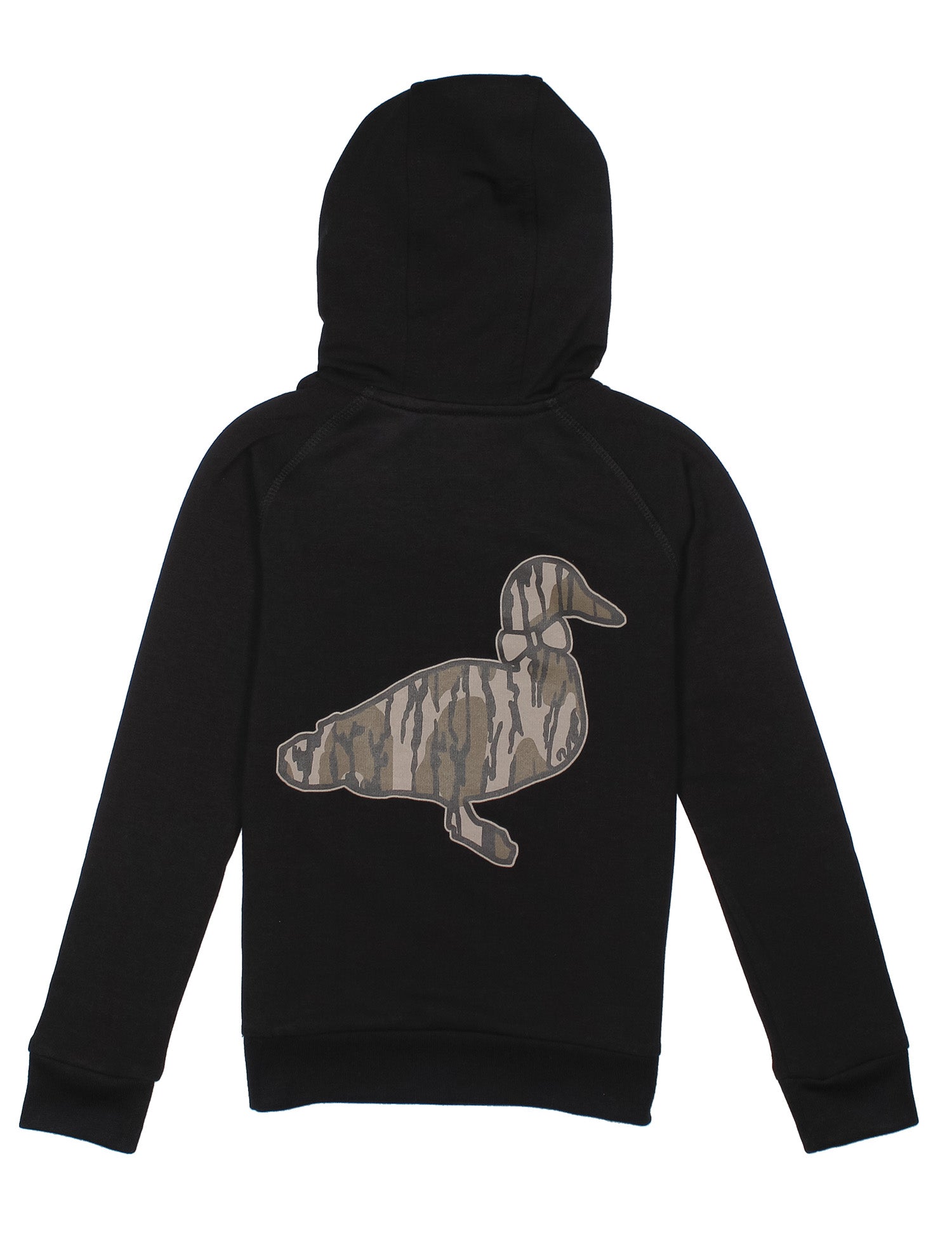 Black hoodie with a camouflage duck design on the back against a white background