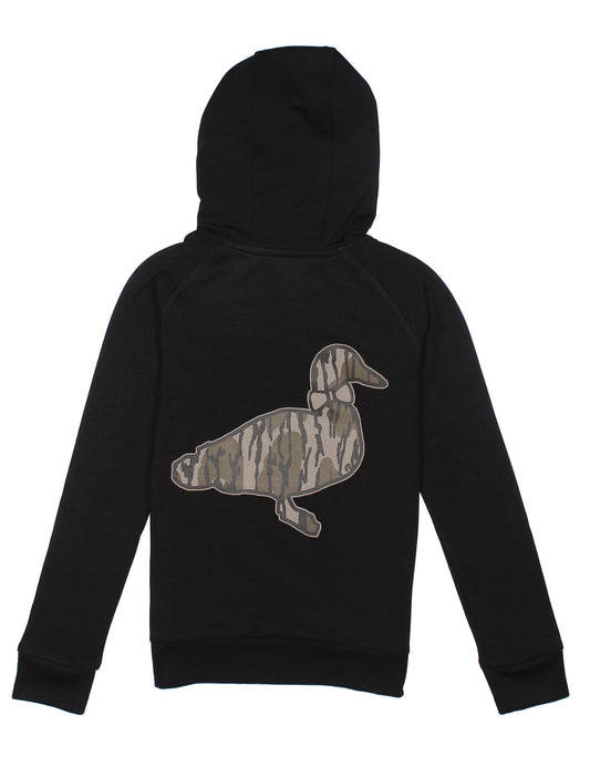 Black hoodie with a camouflage duck design on the back against a white background