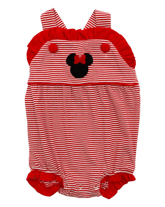 Red and white striped bubble with a mouse silhouette and red ruffle trim.