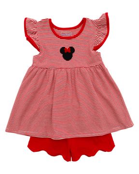 Red and white striped top with a mouse silhouette, red piping and ruffle sleeves and matching red shorts with a scallop edge.