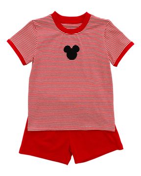 Red and white striped shirt with red trim and a mouse silhouette, with matching red shorts.