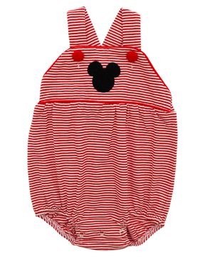 Red and white striped sunsuit with mouse silhouette and red trim.