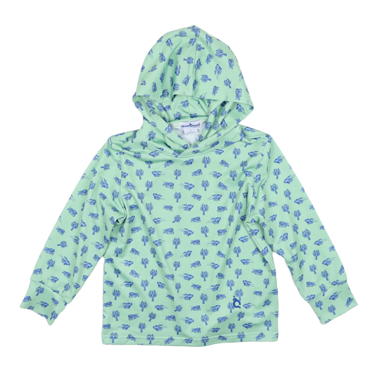 Green hoodie with blue mudbug pattern on it - performance material 