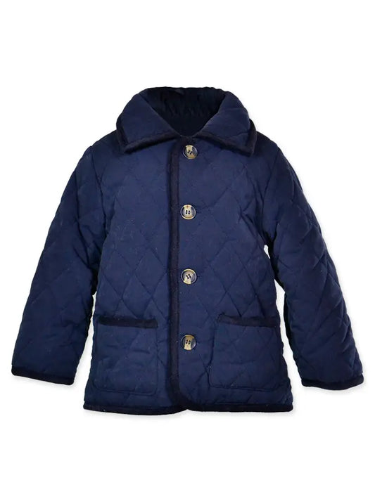 A navy blue quilted puffer jacket with a wide collar, front button closure, and two front patch pockets