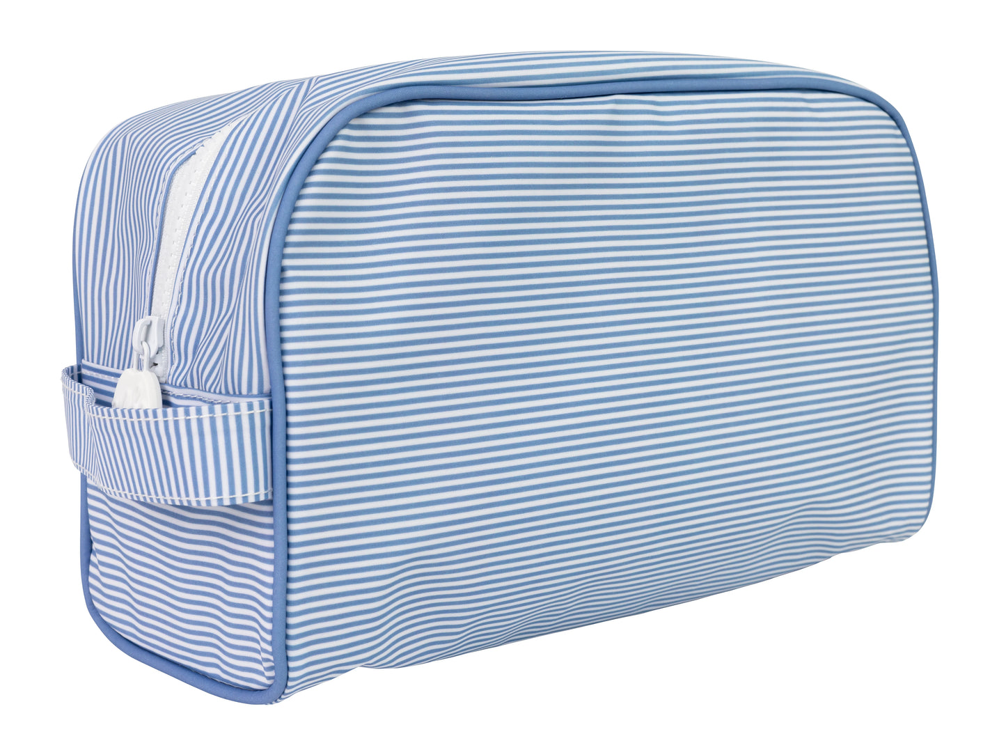 Blue and white striped toiletry bag on a white background