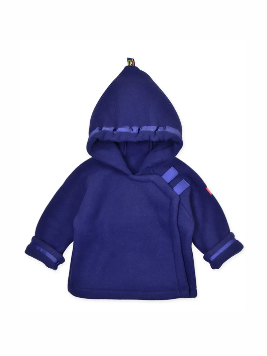 A baby hooded fleece jacket in a deep royal blue color, featuring contrast trim details and a small red embroidered patch on the sleeve, shown against a plain white background.