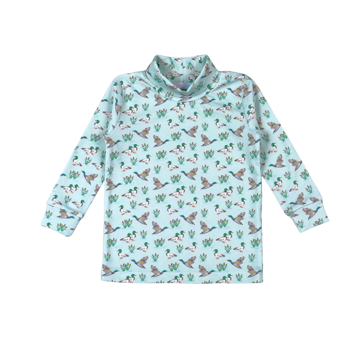 A long-sleeve mock neck shirt in light mint green, featuring an all-over repeating pattern of brown and white ducks with green reeds, displayed on a solid white background.