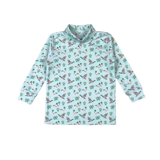 A long-sleeve mock neck shirt in light mint green, featuring an all-over repeating pattern of brown and white ducks with green reeds, displayed on a solid white background.