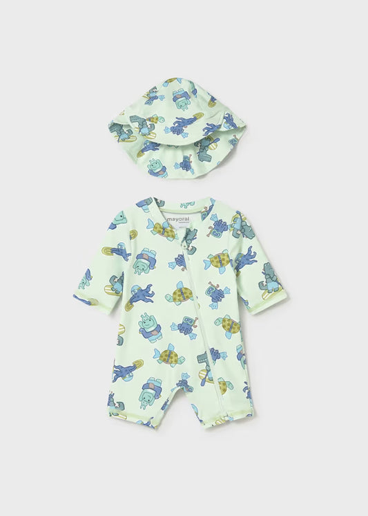 Pale green sun protection one piece swimsuit with overall sea creature caricature design.