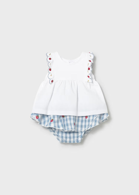 Baby girl blue gingham skirt and white cotton top with embroidered ruffle sleeve.
