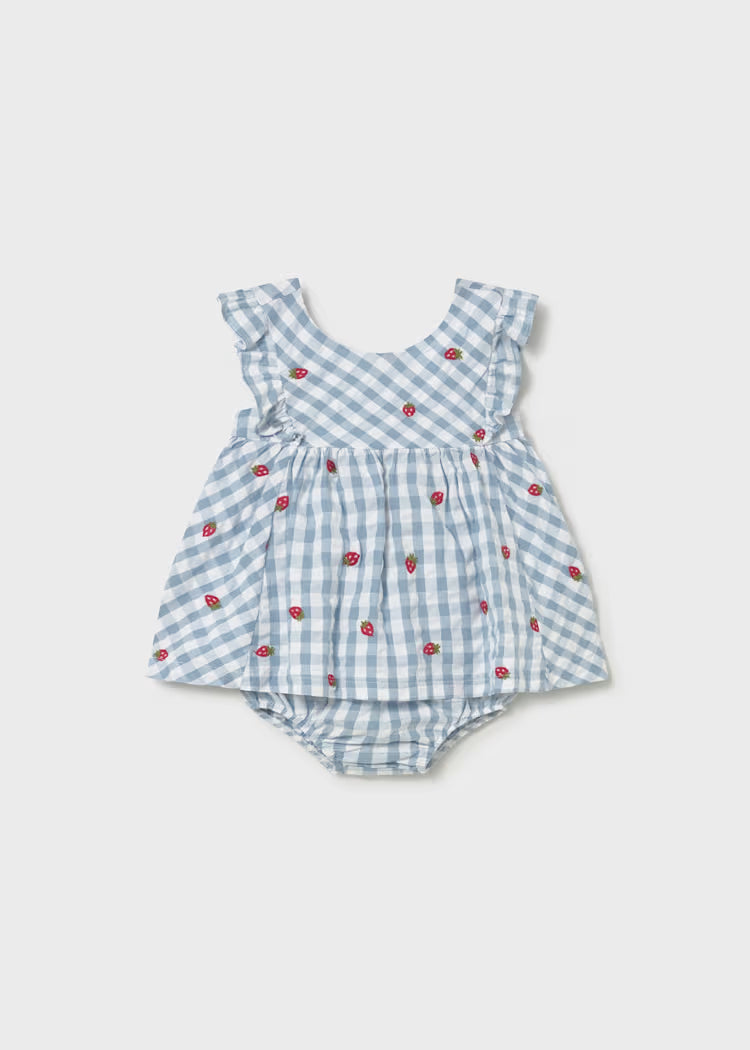 Blue gingham bloomer set with embroidered strawberries on the top.