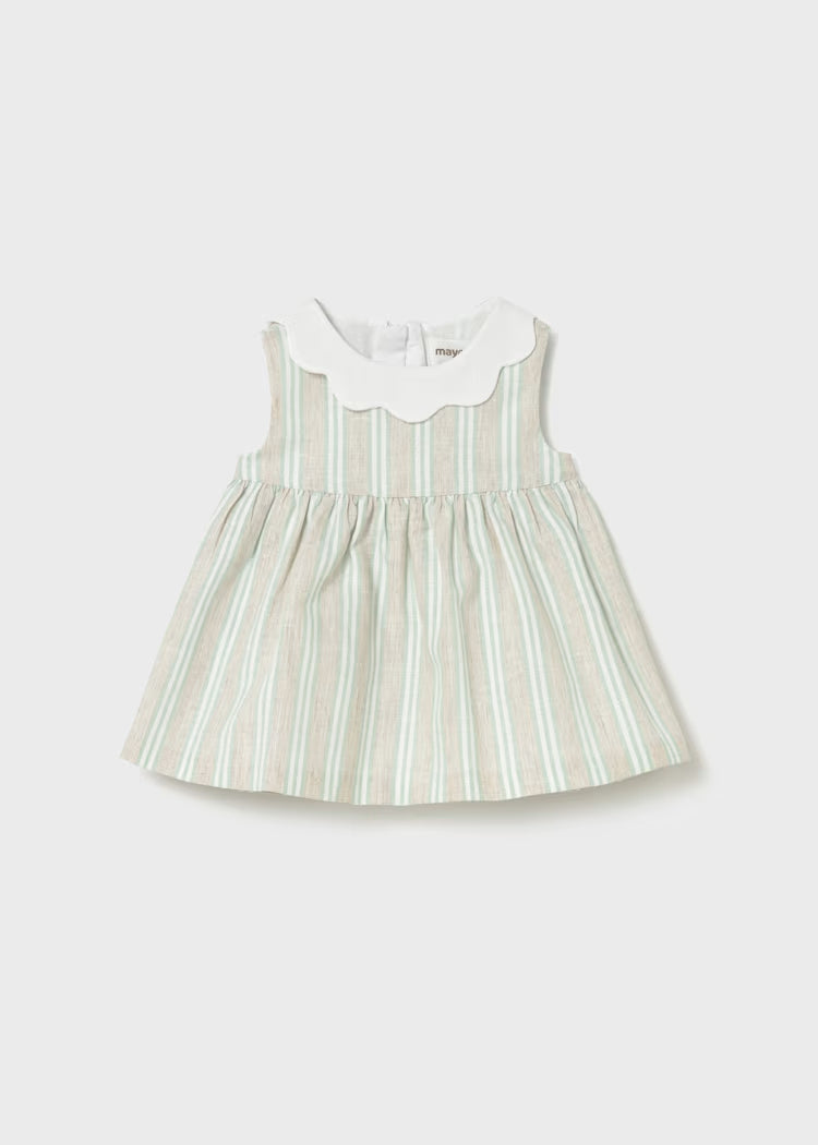 Pale Green and tan striped linen dress with a white shaped collar.