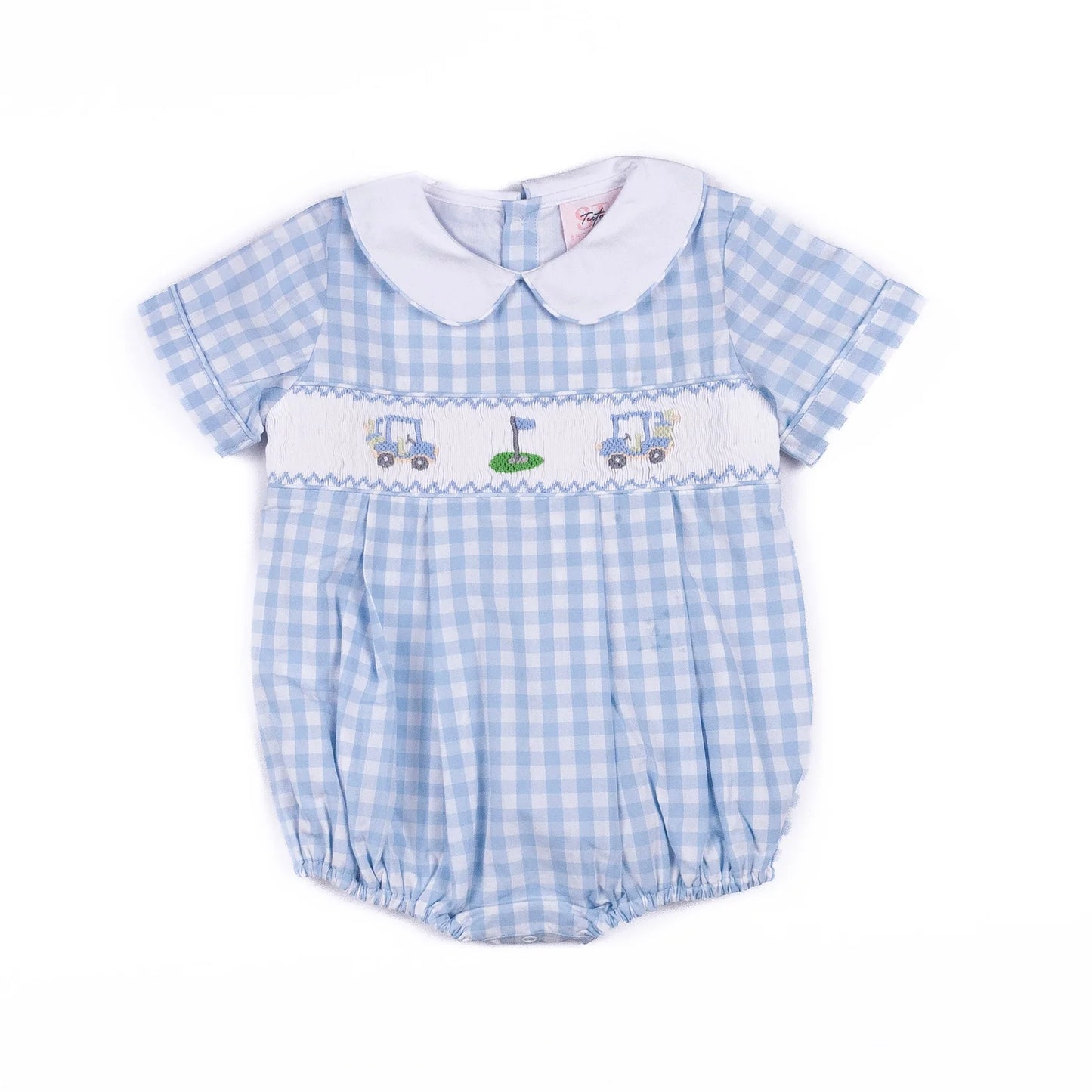 blue and white checkered smocked bubble with golf details
