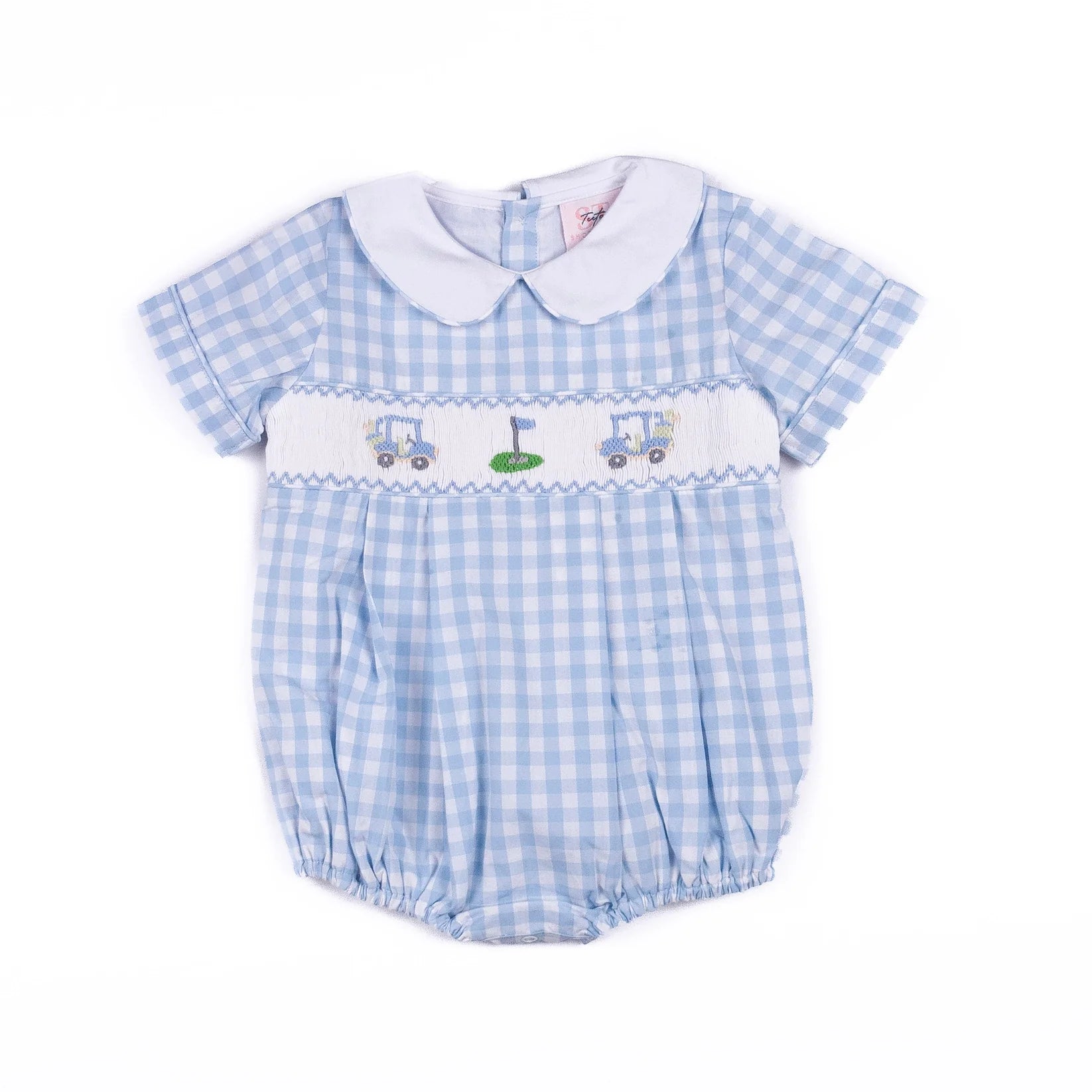 blue and white checkered smocked bubble with golf details
