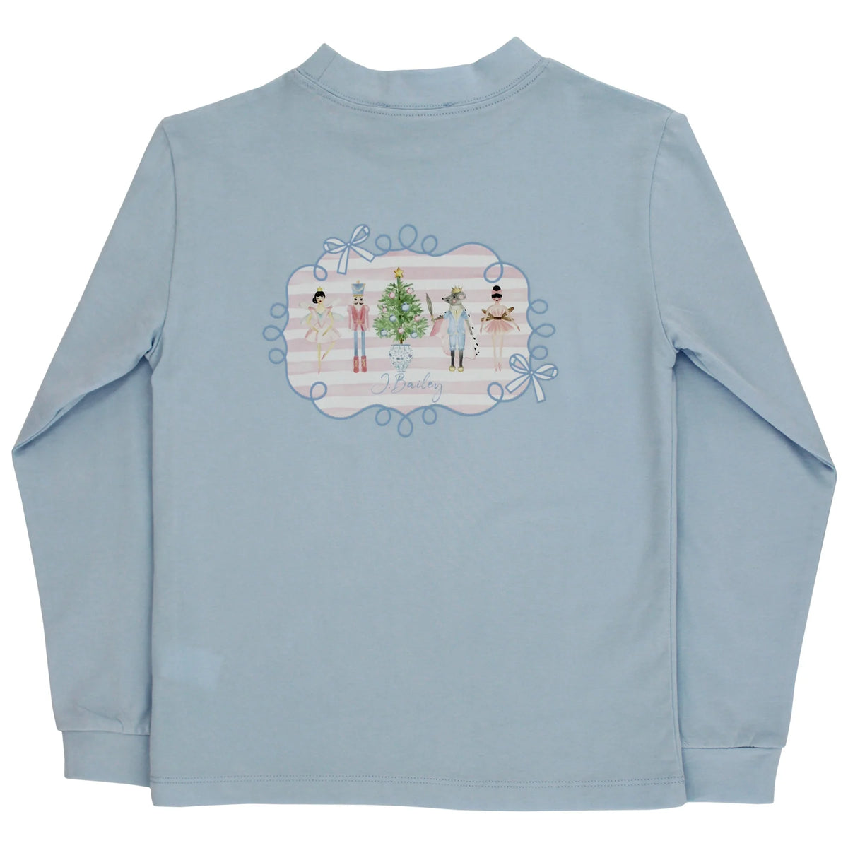 A light blue long-sleeve shirt shown from the back, featuring a central graphic print of ballerinas, a Christmas tree
