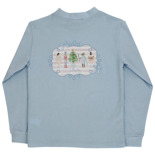 A light blue long-sleeve shirt shown from the back, featuring a central graphic print of ballerinas, a Christmas tree