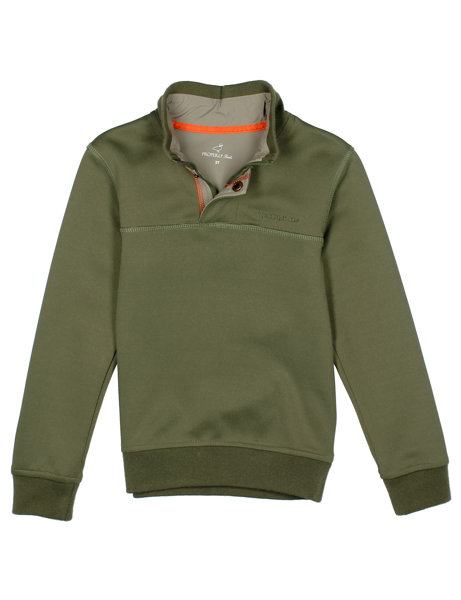 An olive green long-sleeve quarter-zip sweatshirt with a mock neck collar, featuring a horizontal seam across the chest and ribbed cuffs and hem, shown against a plain white background.