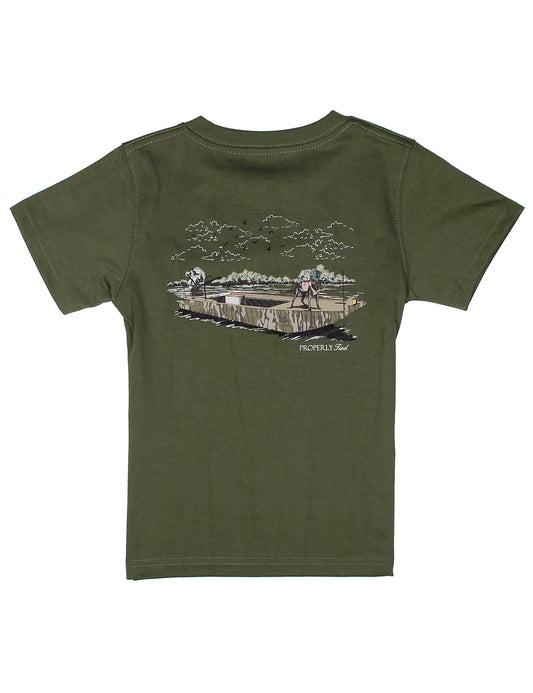 olive short sleeve shirt with camo boat design