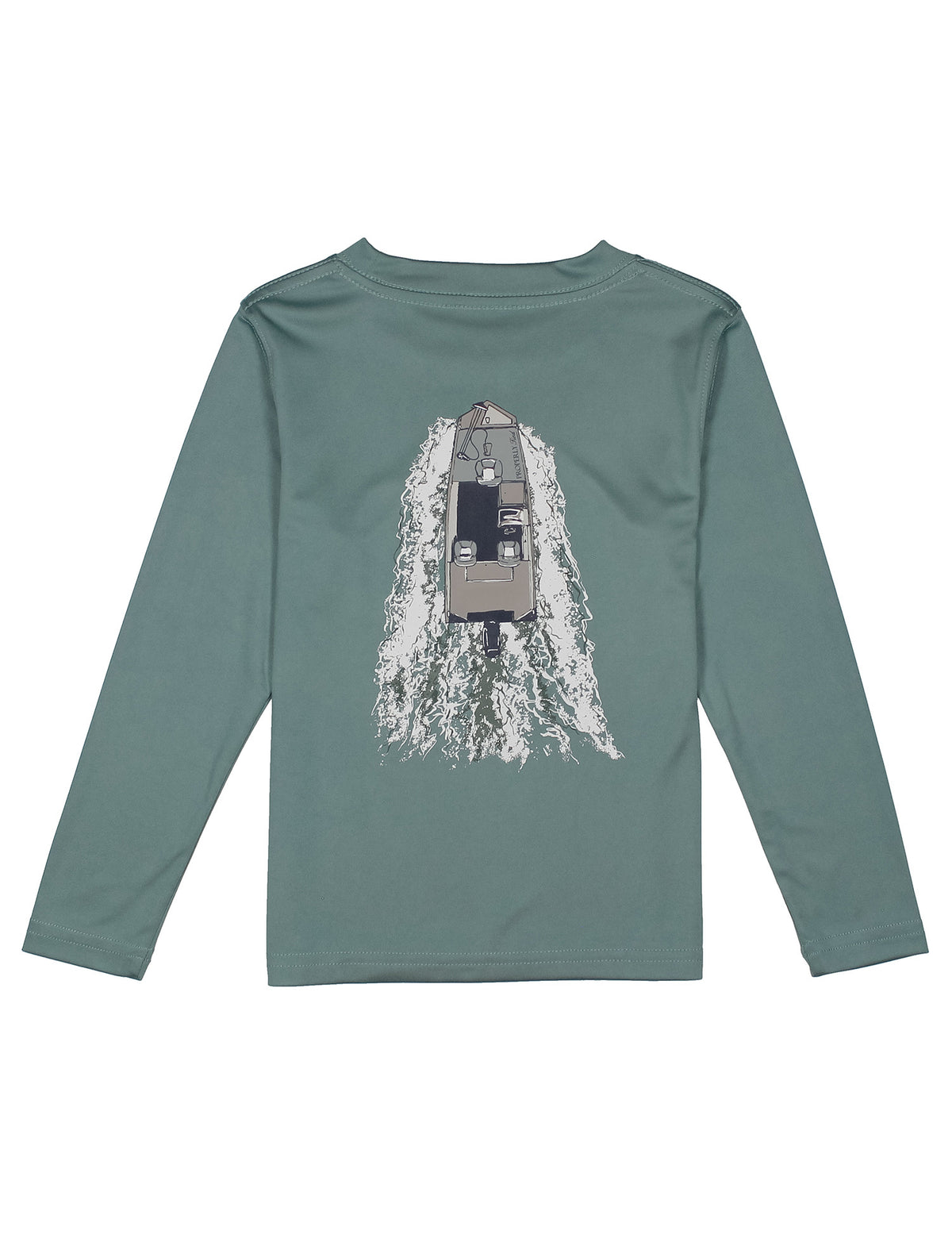 Green long-sleeve shirt with a boat graphic on the back in performance material