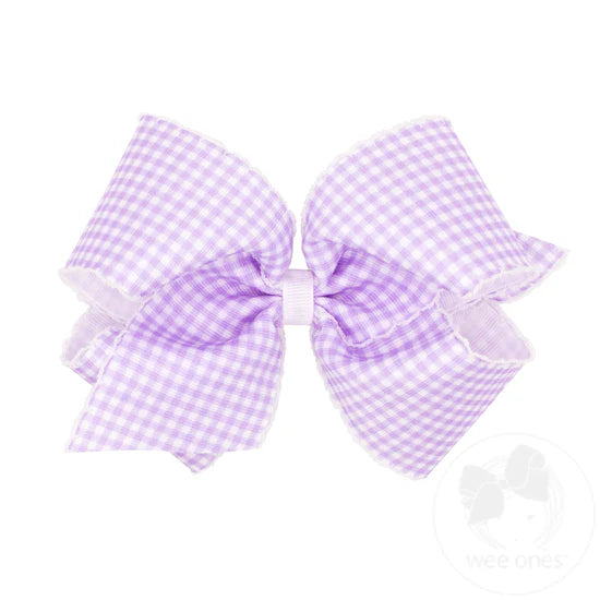 Lt Orchid Gingham-Printed Grosgrain Hair Bow With Moonstitch Edge