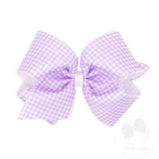 Lt Orchid Gingham-Printed Grosgrain Hair Bow With Moonstitch Edge