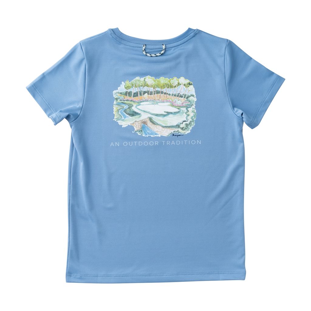 Light blue short sleeve t-shirt wiht an outdoor nature scene on the back.
