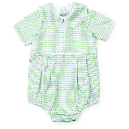 Green and blue checkered baby romper with a collar 